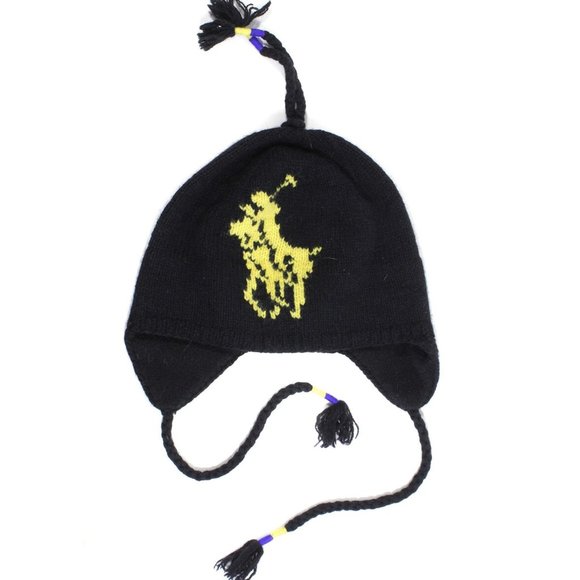 NEW $75 Vintage Polo Ralph Lauren Trapper Beanie Hat! Black Yellow Big Pony Wool - Picture 1 of 3